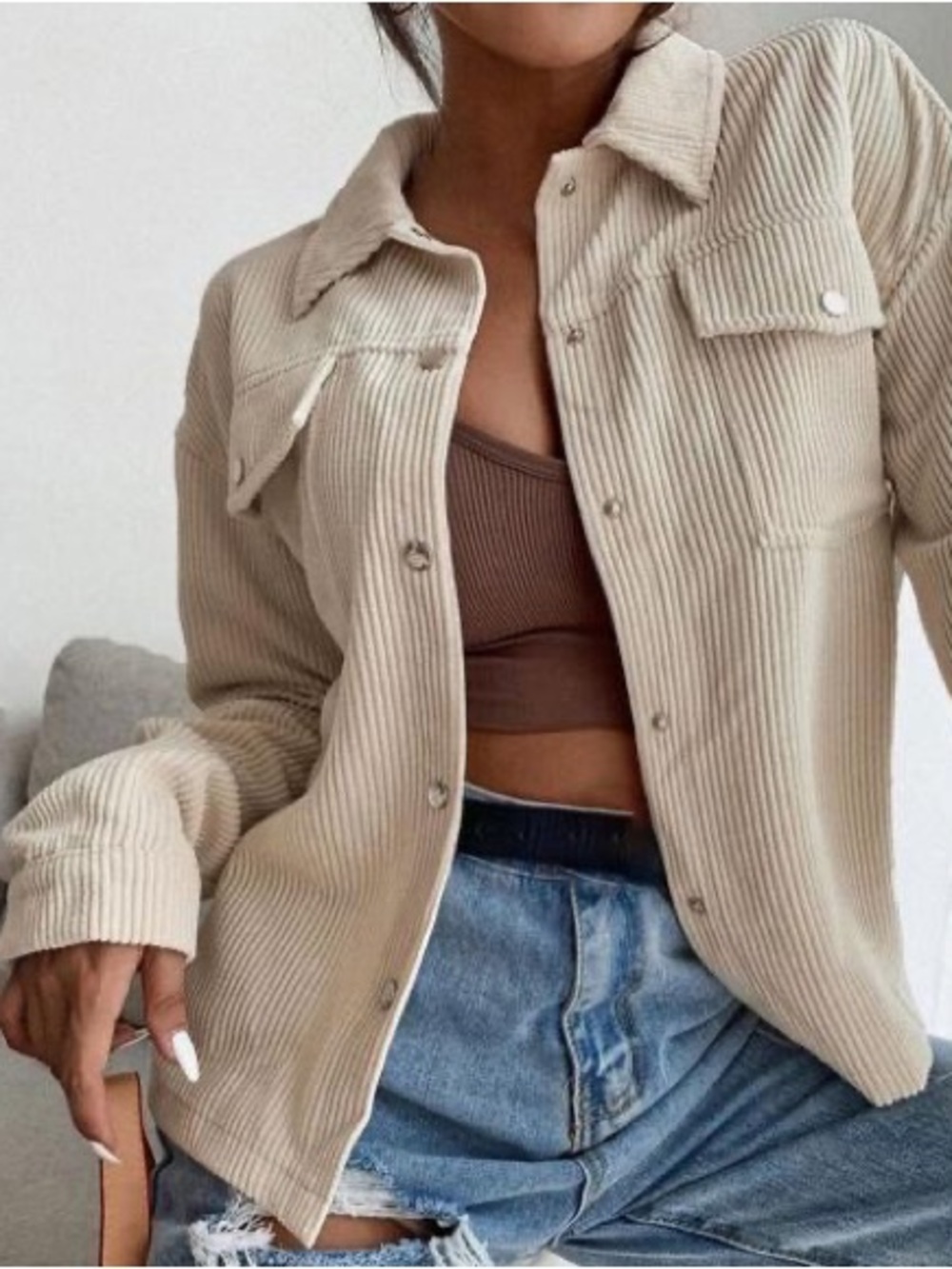 Nordstrom size m Women Lightweight Corduroy Button-Up Jacket Light Beige cotton